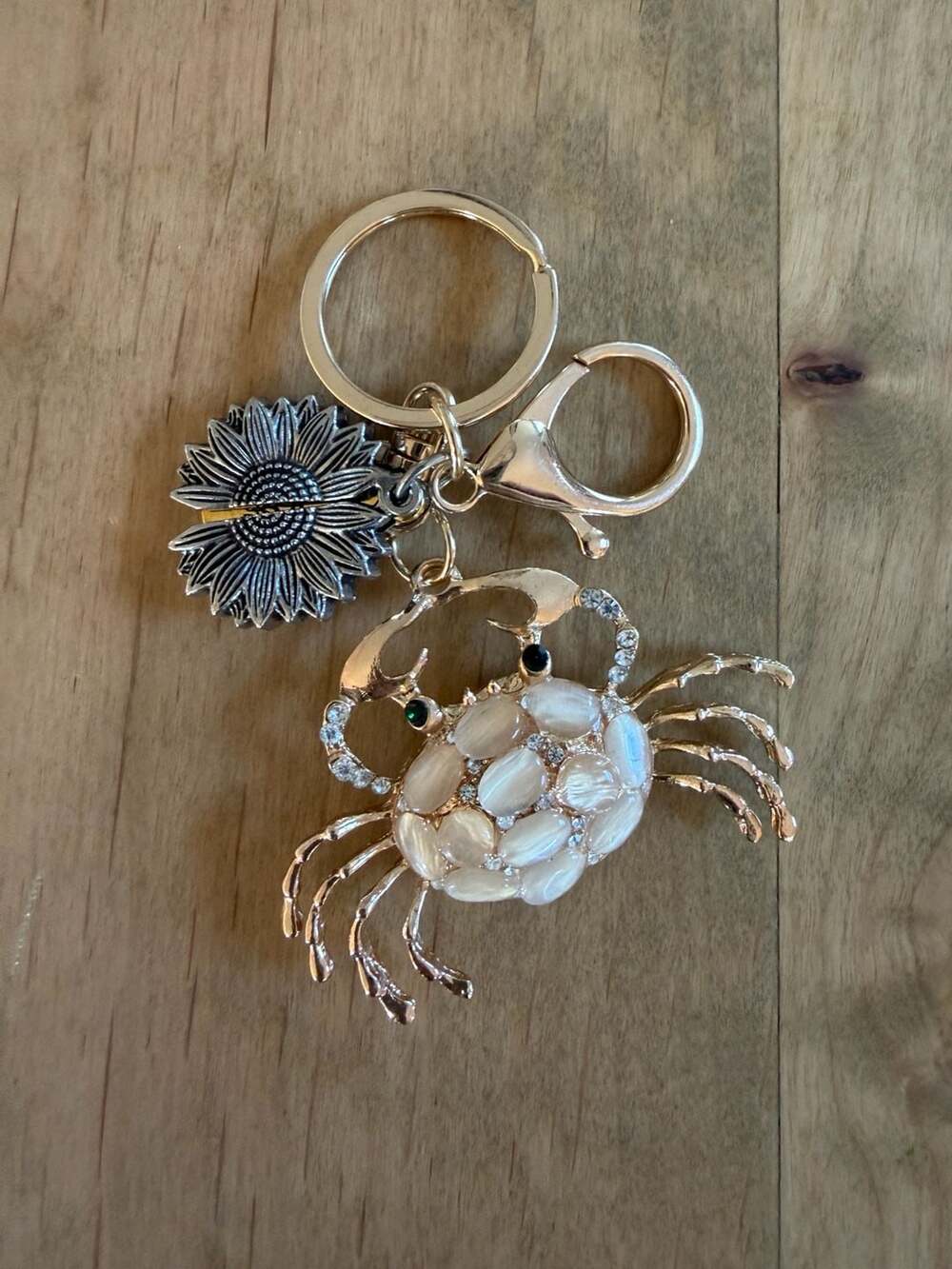Crab& Sunflower You Are My Sunshine Locket Keychain w Rhinestones & Cat Eye